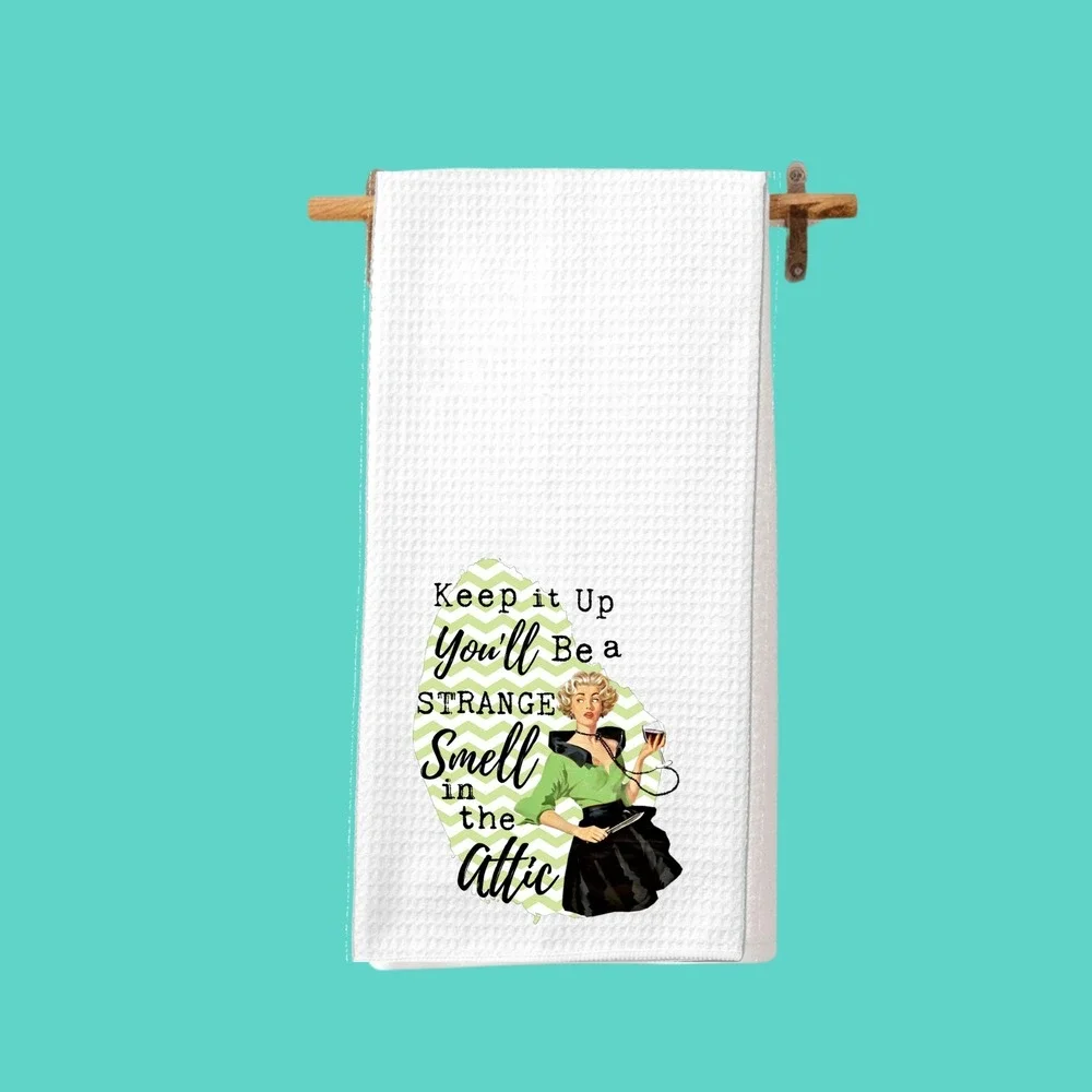 Retro Humor Waffle Weave Kitchen Towel Strange Smell in the Attic White Green